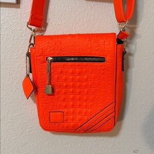New Neon Orange Crocodile-Embossed Tote & Carry crossbody